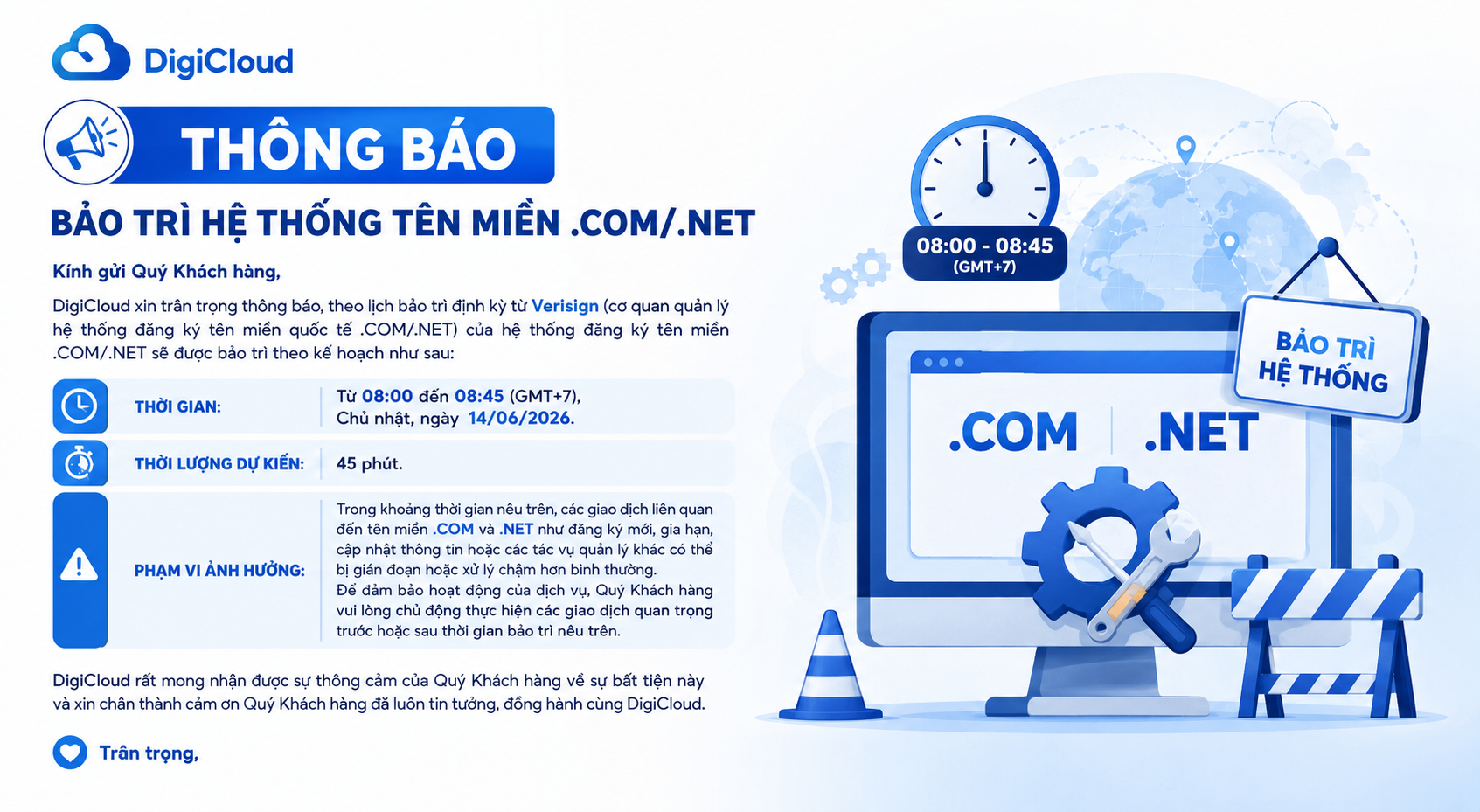 THÔNG BÁO BẢO TRÌ HỆ THỐNG TÊN MIỀN .COM/ .NET